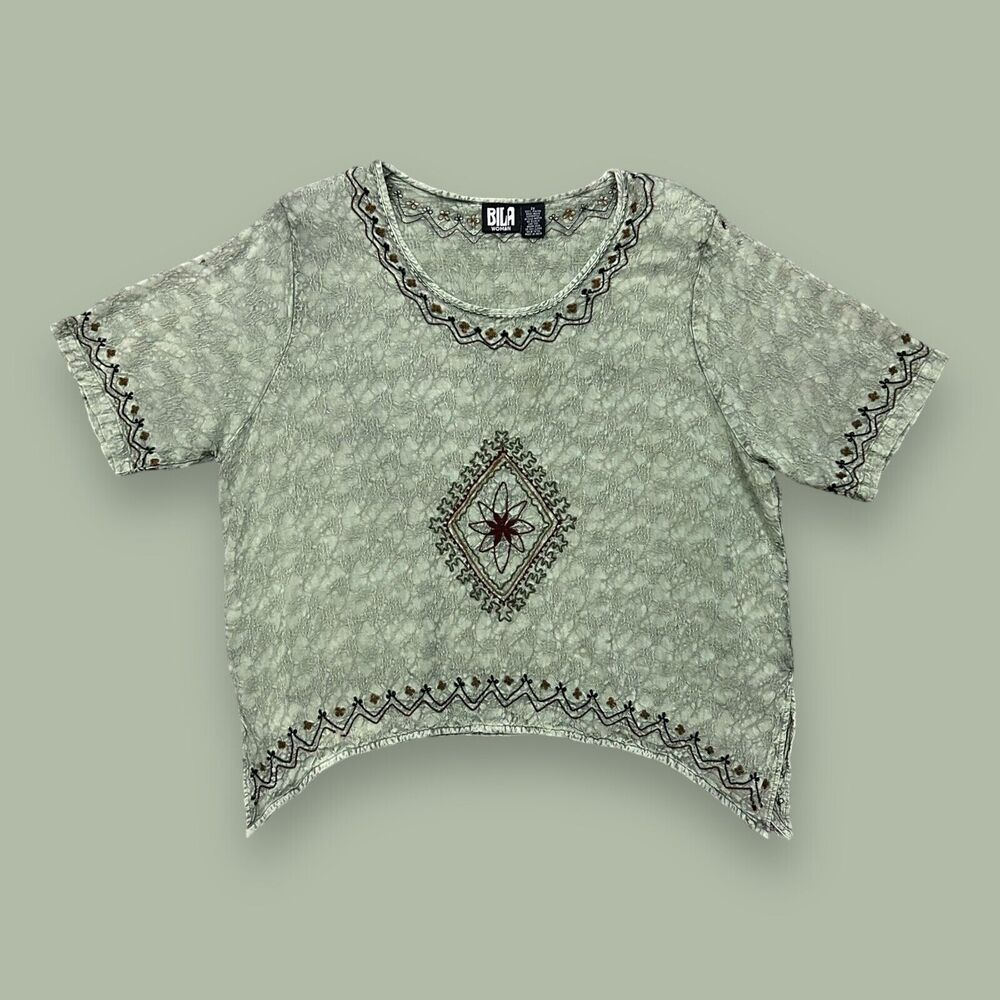 Bila Womens Blouse Top Embroidered Boho Crinkle Rayon 90s y2k Green 2X